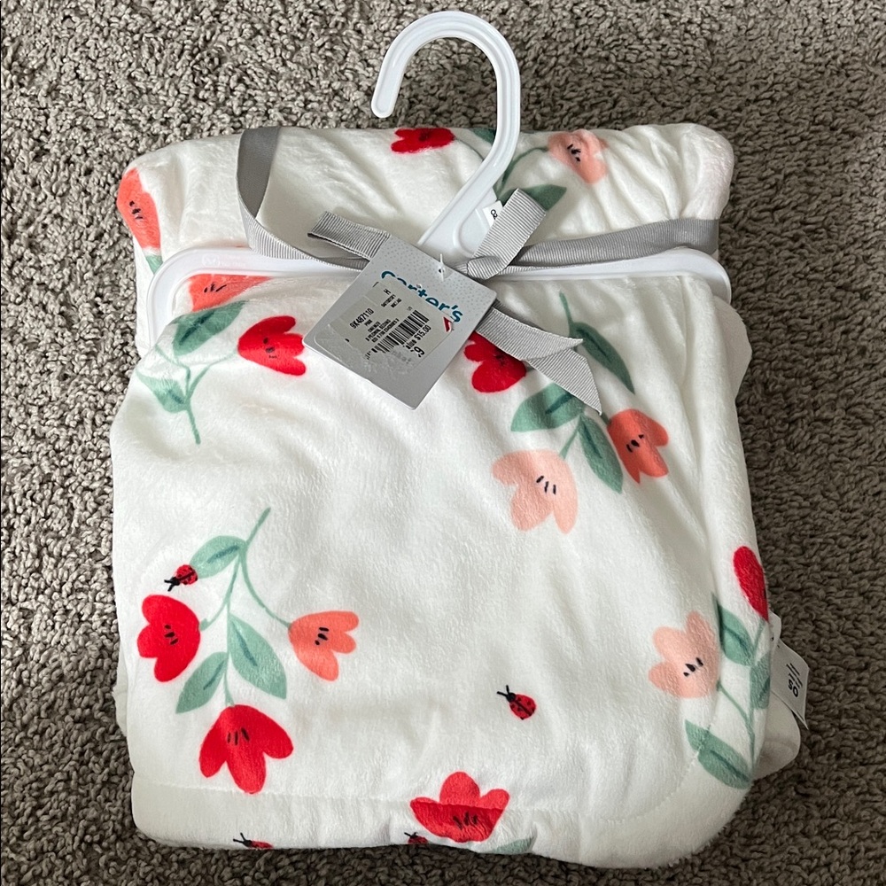 Carter's Floral & Ladybug Plush Baby Blanket - White, Red, Pink, Green